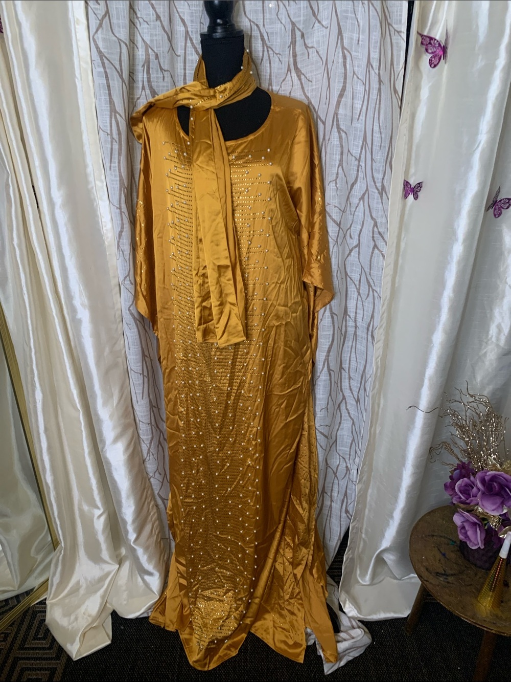 Gold Embellished Rhinestones & Pearl Satin Maxi Dress with Scarf